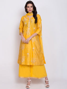 Biba - Yellow Floral Kurta With Palazzos & Dupatta (Set of 3)
