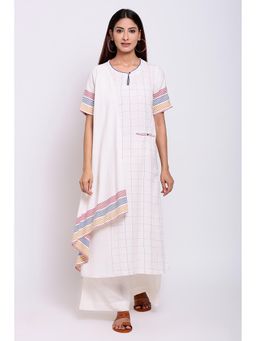 Biba - Off White Checkered Kurta With Palazzo & Dupatta (Set of 3)