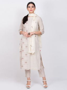 Biba - Off White Kurta With Pants & Dupatta (Set of 3)