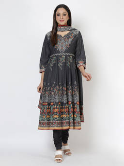 Biba - Black Printed Anarkali Kurta & Pant With Dupatta (Set of 3)