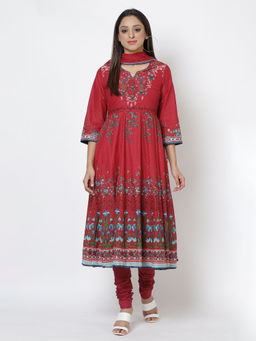 Biba - Red Printed Anarkali Kurta & Churidar With Dupatta (Set of 3)