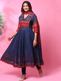 Biba - Blue Printed Anarkali With Churidar And Dupatta & Mask (Set of 4)