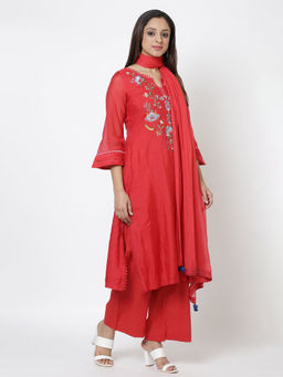 Biba - Red Embroidered Kurta With Palazzo & Dupatta (Set of 3)