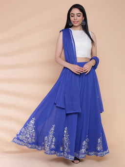 Biba - Off White Printed Blouse And Lehenga With Dupatta (Set of 3)