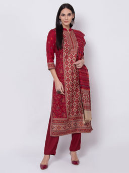 Biba - Red Printed Kurta With Pants & Dupatta (Set of 3)
