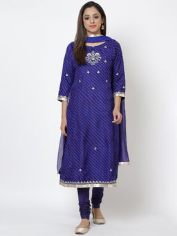 Biba - Blue Embroidered Kurta & Churidar With Dupatta (Set of 3)