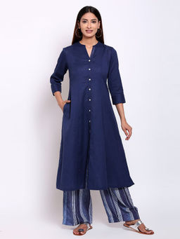 Biba - Navy Blue Solid Kurta With Palazzo (Set of 2)