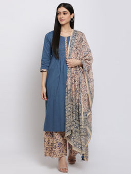 Biba - Blue Embellished Kurta With Pant & Dupatta (Set of 3)