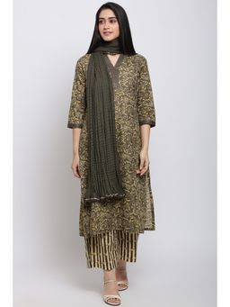 Biba - Olive Floral Kurta With Palazzo & Dupatta (Set of 3)