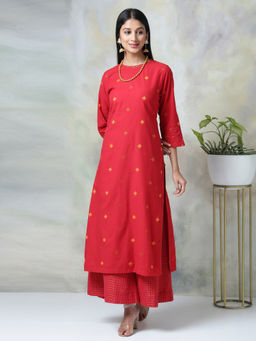 Biba - Red Embroidered Kurta And Palazzo (Set of 2)