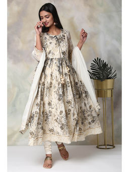 Biba - Off White Printed Anarkali Kurta And Churidar With Dupatta (Set of 3)