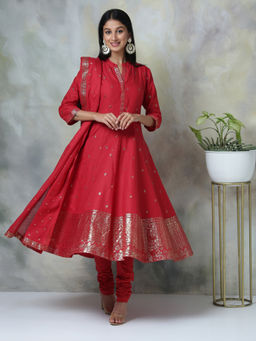 Biba - Red Printed Anarkali With Churidar And Dupatta & Mask (Set of 4)