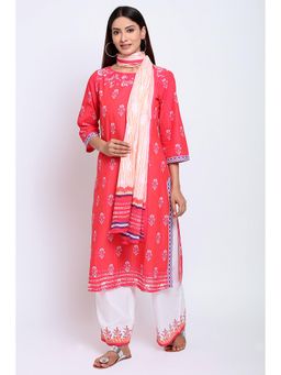 Biba - Pink Floral Kurta With Palazzo & Dupatta (Set of 3)