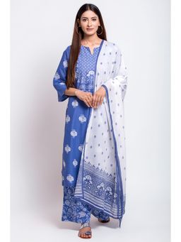 Biba - Blue Floral Kurta With Palazzo & Dupatta (Set of 3)