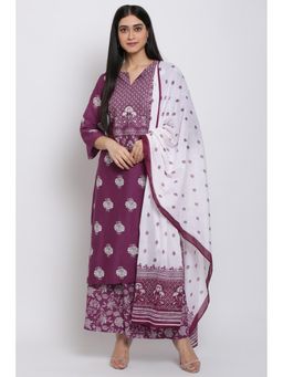 Biba - Purple Floral Kurta With Palazzo & Dupatta (Set of 3)