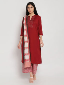 Biba - Red Embroidered Kurta With Pant & Dupatta (Set of 3)
