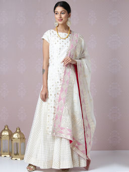 Biba - Off White Printed Kurta With Skirt And Dupatta (Set of 3)