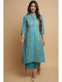 Biba - Turquoise Cotton A Line Kurta and Pant (Set of 2)