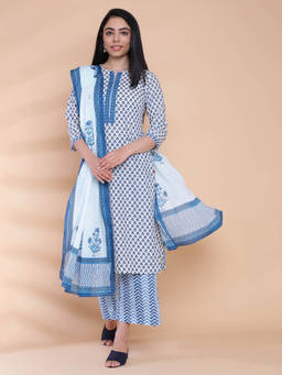 Biba - Off White Printed Kurta And Palazzo With Dupatta (Set of 3)