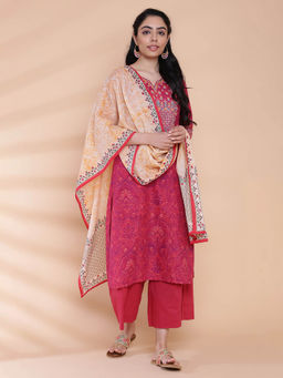 Biba - Pink Printed Kurta And Palazzo With Dupatta (Set of 3)