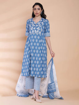 Biba - Blue Embroidered Kurta And Palazzo With Dupatta (Set of 3)