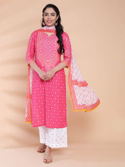 Biba - Pink Printed Kurta And Palazzo With Dupatta And Mask (Set of 4)