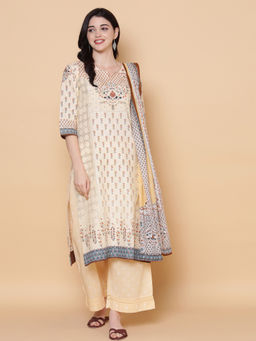 Biba - Beige Embellished Kurta With Palazzo And Dupatta & Mask (Set of 4)