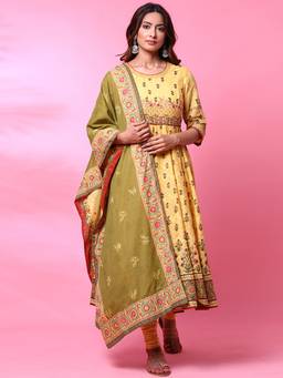Biba - Yellow Printed Anarkali With Churidar And Dupatta & Mask (Set of 4)