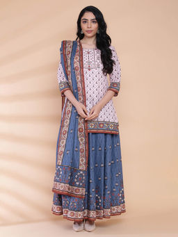 Biba - Peach Printed Kurta And Skirt With Dupatta (Set of 3)