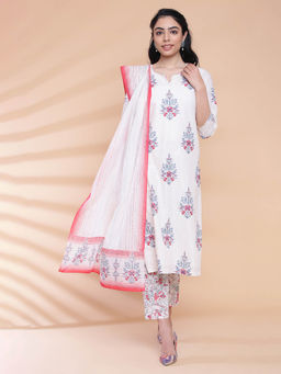 Biba - Off White Printed Kurta And Pant With Dupatta (Set of 3)