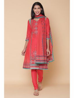 Biba - Red Cotton Straight Suit (Set of 3)