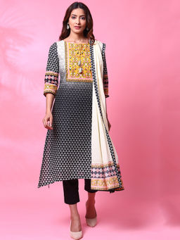 Biba - Black Printed Kurta With Pant And Dupatta (Set of 3)