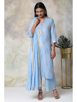 Biba - Blue Printed Kurta And Palazzo With Dupatta (Set of 3)