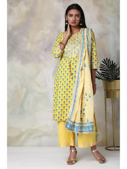Biba - Yellow Printed Kurta And Palazzo With Dupatta (Set of 3)
