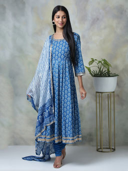 Biba - Blue Printed Anarkali With Churidar And Dupatta (Set of 3)