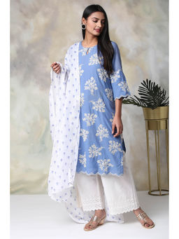 Biba - Blue Printed Kurta And Palazzo With Dupatta (Set of 3)
