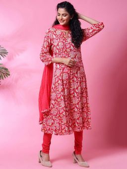 Biba - Red Cotton Crushed Kalidar Suit Set (Set of 4)