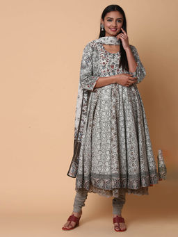 Biba - Grey Printed Anarkali Kurta And Churidar With Dupatta (Set of 3)