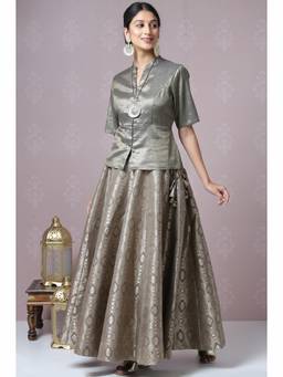 Biba - Brown Metallic Cotton Kurta and Lehenga (Set of 2)