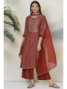 Biba - Terracotta Red Art Silk Straight Suit (Set of 3)
