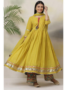 Biba - Lime Green Cotton Anarkali with Palazzo & Dupatta (Set of 3)