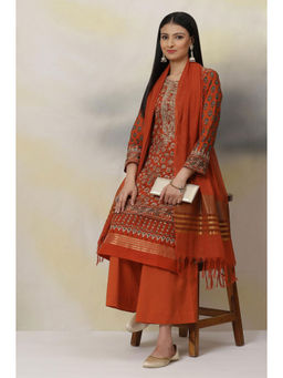 Biba - Terracotta and Orange Poly Cotton Straight Suit (Set of 3)