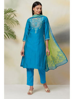 Biba - Turquoise Poly Cotton Straight Suit (Set of 3)