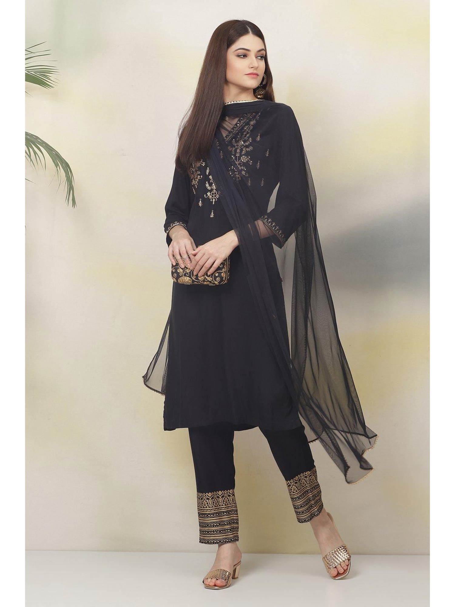 Buy Biba Black Rayon Straight Suit (Set 