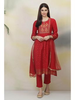 Biba - Red Art Silk A-line Suit (Set of 3)