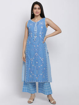 Biba - Blue Embroidered Kurti With Palazzo (Set of 2)