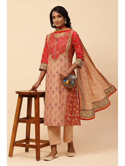 Biba - Red Cotton Straight Suit (Set of 4)