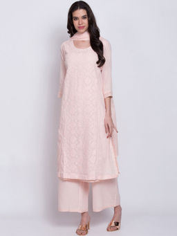 Biba - Peach Embroidered Kurta & Inner With Palazzos & Dupatta (Set of 4)