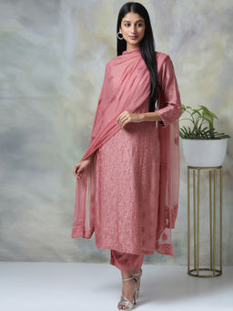 Biba - Pink Embroidered Kurta With Pant And Dupatta (Set of 3)