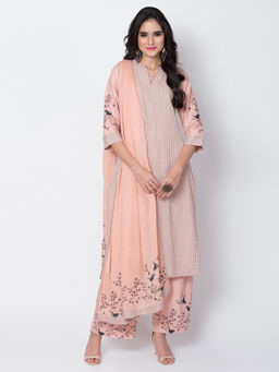 Biba - Peach Stripes Kurta With Palazzos & Dupatta (Set of 3)